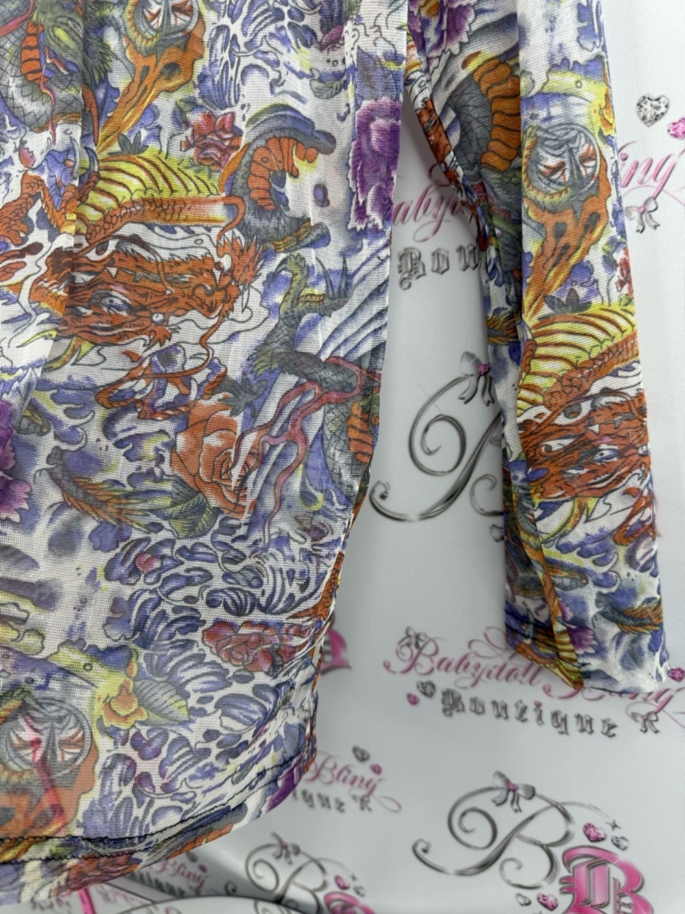 Long Sleeve mesh Floral & Dragon Print tattoo style Top - Purple, Orange, Green - Picture 5 of 12